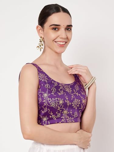 studio rasa Women's Chroma Floral Block Printed Blouse for Festive Wedding Party (TPWC62549S_Purple_Small)
