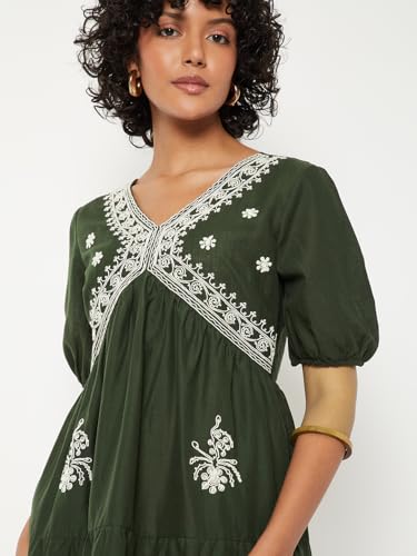 Max Women Embroidered Tiered Dress (Green_M)