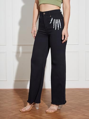 Miss Chase Women's Wide Leg High Rise Hand Painted Skeleton Art Stretchable Denim Jeans (MCSS18DEN02-19-342-30, Shadow Black, 30)