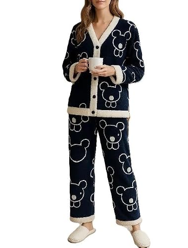 Cigain Women's Winter Fashion Full Length Printed Nightwear Pyjama and top Set Women Elastic Waist Warm Night Suit Set (Plus Size, Blue, M)