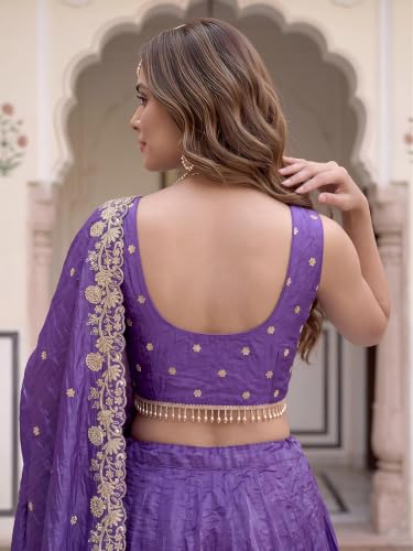 Zeel Clothing Women's Zari Sequins Embroidered Work Crush Silk Lehenga Choli With Dupatta (5136-Purple-Women-Lehenga-Choli; Free size)