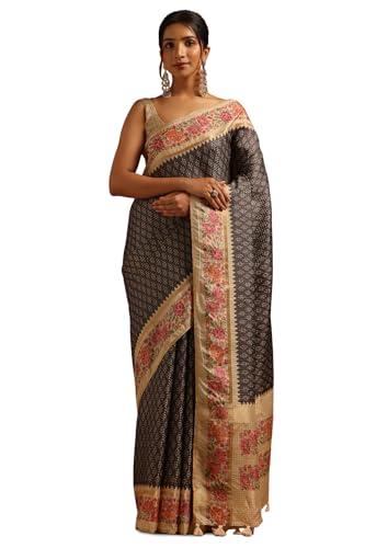 Soch Womens Charcoal Tussar Floral Saree With Zari Work