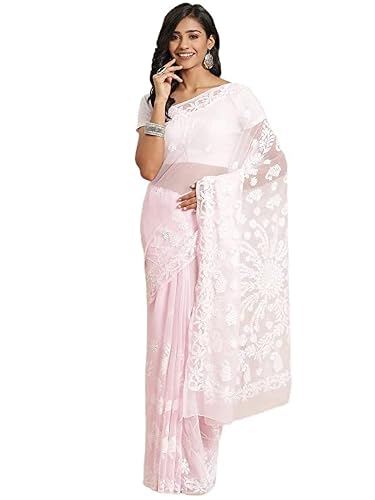 Ada Hand Embroidered Chikankari Georgette Pink Saree for Women A311337