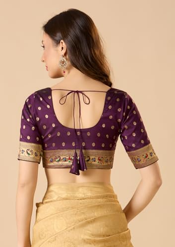 S SALWAR STUDIO Brinjal Paithani Silk Round Neck Readymade Blouse Violet