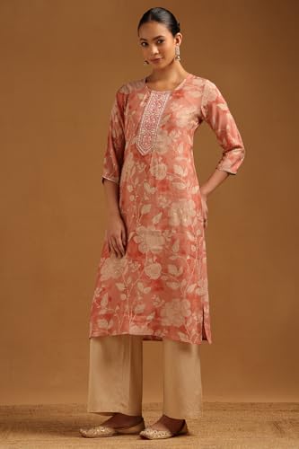 Soch Womens Peach Chanderi Floral Embroidered Kurta