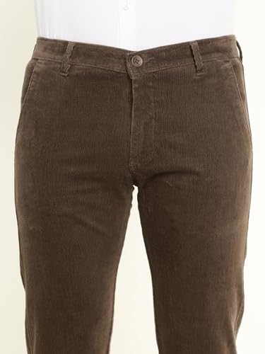 Hancock Men Cotton Solid Slim Fit Trousers Brown Size 32, Durable Fabric with a Tailored Finish, Comfortable Stretch Waistband, Machine Washable Easy Care Fabric
