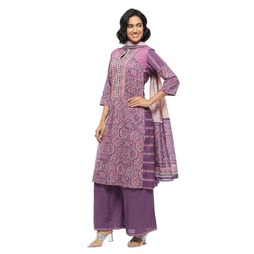 Biba Women Purple Cotton Printed A-Line Suit Set_46