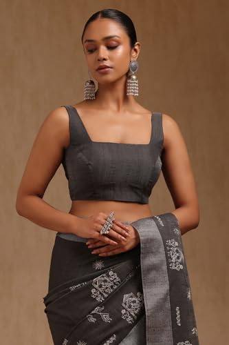 Soch Womens Charcoal Chanderi Warli Print Saree With Thread Work