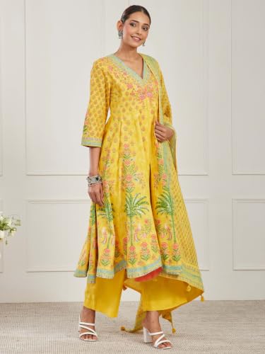 BIBA Printed Cotton Kalidar Casual Kurta With Palazzo And Dupatta