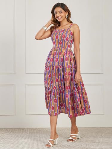 BIBA Dyed Cotton A Line Casual Dress Blue