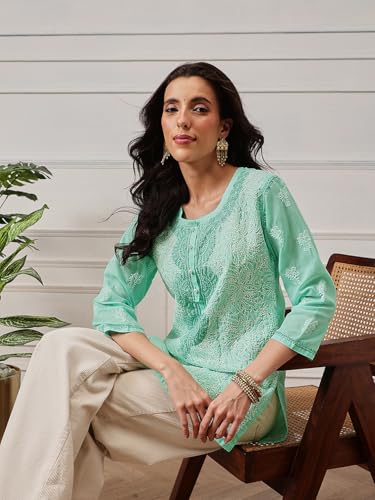 Ada Handcrafted Lucknow Chikankari Women's Straight Cotton Short Kurti Top Tunic A273668 (Sea Green, XS)