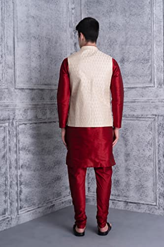 Ethluxis Men's Silk Blend Maroon Kurta Churidar Pyjama with Stylish Bundi Nehru Jacket Waistcoat (36, Maroon/Golden)