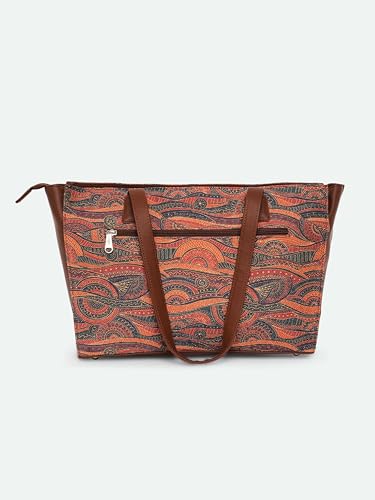 ZOUK Pithora Artistry Abstract Printed Women Jute Vegan Leather Space Blue Office Tote Bag for Ladies With Laptop Compartment