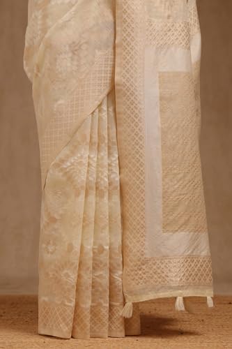 Soch Womens Cream Linen Woven Design Saree With Zari Woven
