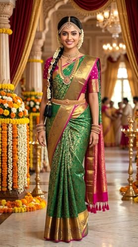 VFCollections Women's Traditional Handloom Kanchipuram Silk Pure Pattu Sarees | Rich Zari Woven Design | Unstitched Blouse (VFC519-3)