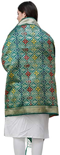 Exotic India Brocade Dupatta from Gujarat with Brocade Weave - Color Juniper GreenColor Free Size