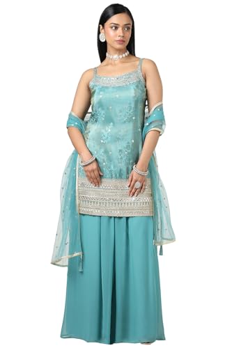Soch Women Turquoise Blue Tissue Embroidered Suit Set with Sequins