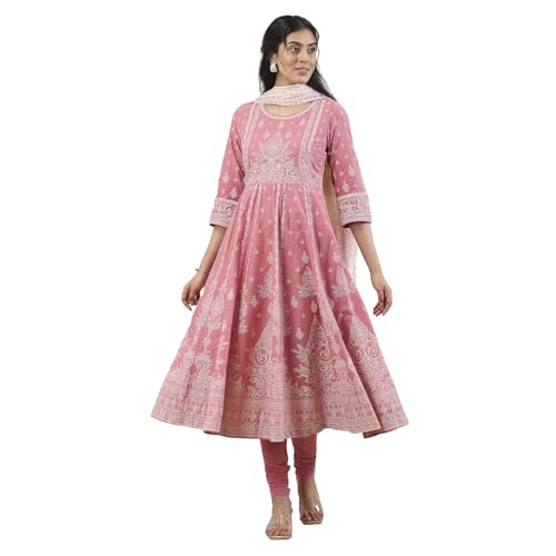 Biba Women Pink Cotton Anarkali Suit Set_36