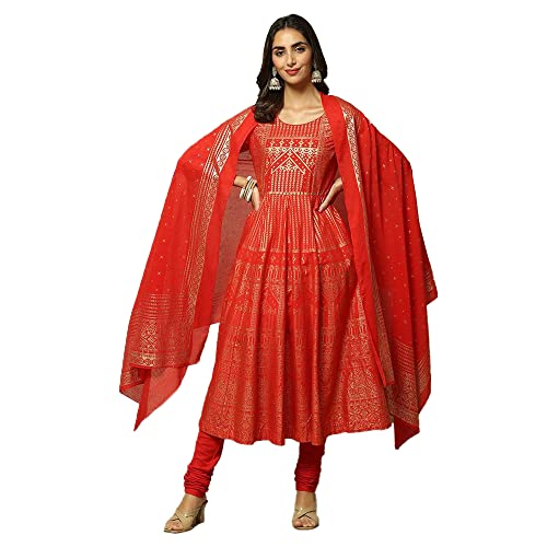 BIBA Women's Cotton Printed Fitted Salwar Kurta Dupatta (Skdsummer S8499_Red_36)