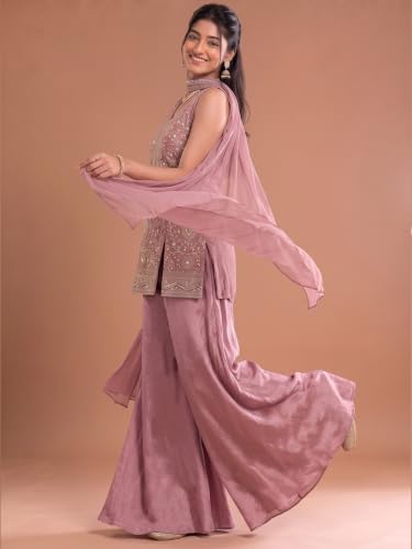Varanga Women Pink A Line Kurta Palazzos Set V Neck Sleeveless Chinon