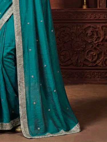 AKHILAM Women's Light Blue Vichitra Silk Embellished Saree With Unstitched Blouse Piece (GOPI4401_AI)