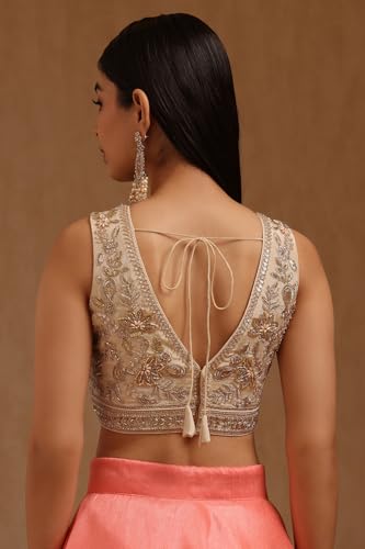 Soch Womens Light Yellow Tissue Embroidered Padded Blouse with Zari