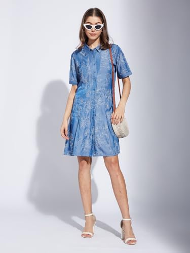 Latin Quarters Women Blue Collar Neck Half Sleeve Printed Shirt Dress_S