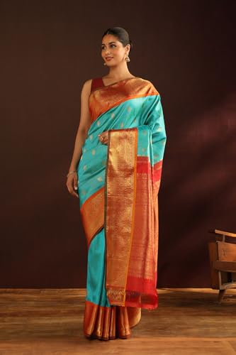 Taneira Women Blue Woven Pure Silk Kanjivaram Saree With Unstitched Blouse Piece (SHH08D00118-Light Blue)