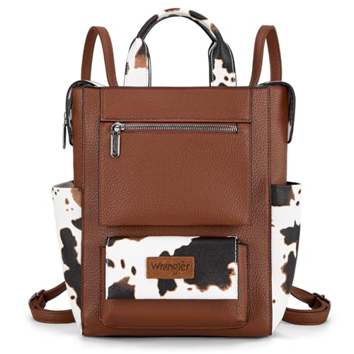 Montana West Wrangler Backpack Purse for Women Fashion Ladies Back Zip Anti Theft Convertible Backpack with Adjustable Strap, A Classic Brown-cow Print, Daypack Backpacks