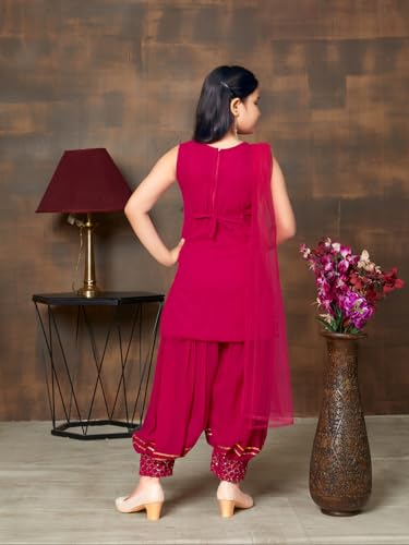 Aarika Girls Ethnic Wear Rani Colour Sequin Embroidery Lace Work Georgette Kurti Patiala Set (10-15 Years)