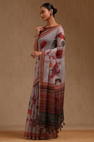 Soch Womens Grey Linen Botanical Print Saree
