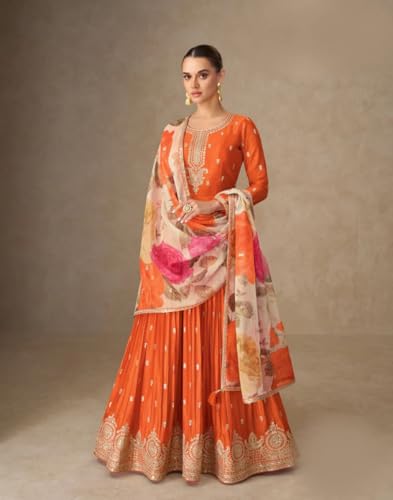Miss Ethnik Women's Orange Chinon Stitched Gown With Dupatta Full Sleeve Embroidered A-Line Gown (ME-1307-Orange-M)