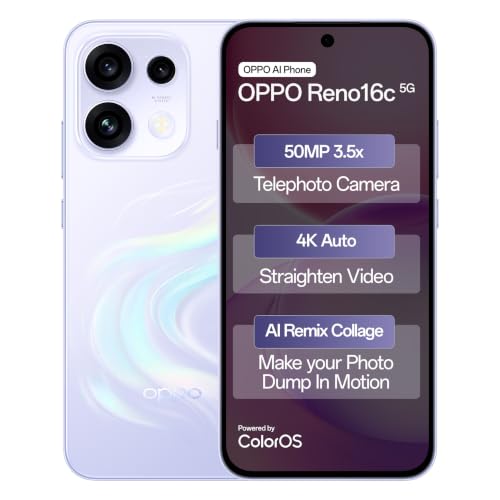 Oppo Reno16c 5G (Stellar Purple, 8GB, 128GB) | 50MP 3.5X Telephoto Camera | 4K Video | AI Remix Collage | 7000mAh 80W SUPERVOOC | ColorOS 16 | IP69K | Dimensity 7300