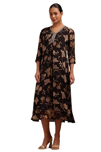 Soch Womens Black Chinon Floral Print Dress with Cutdana