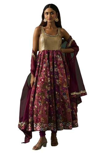 Wishful Women's Maroon Floral Printed Embellished Anarkali Kurta with Churidar and Dupatta Set - (SP12850-401147-XXL)