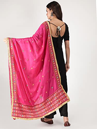 Zamour Women's Embroidered Chiffon Dupatta (304_Pink_Free Size).
