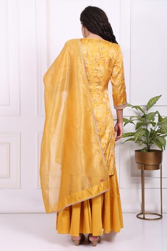 W for Woman Yellow Floral Jacquard Straight Kurta with Sharara and Dupatta Set - (WS13244-314323-S)