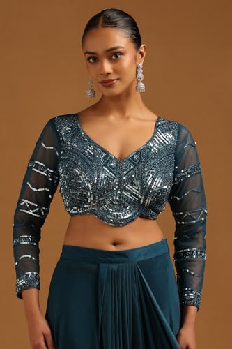 Soch Womens Teal Spandex Embellished Ready To Wear Saree