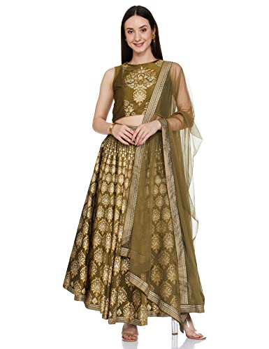 BIBA Women's Mehndi Art Silk Straight Kurta Lehenga Suit Set (Mehendi_XL)