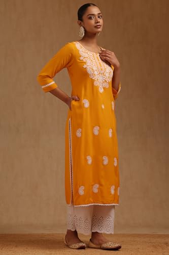 Soch Womens Mustard Rayon Ethnic Motifs Embroidered Kurta