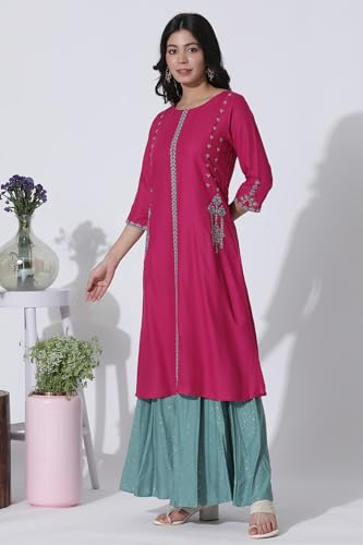 W for Woman Dark Pink A-line Embroidered Kurta, Culottes and Dupatta Set_24ONWS17951-217797_2XL