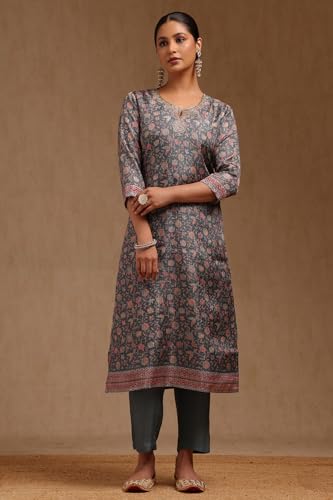 Soch Womens Grey Tussar Floral Print Suit Set With Zari