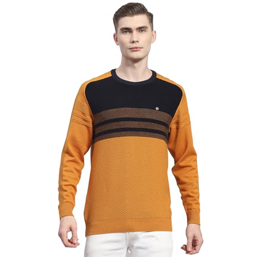 Monte Carlo Mens Mustard Solid Round Neck Full Sleeve Cotton Blend Casual Sweater (1239264RN-2-40)