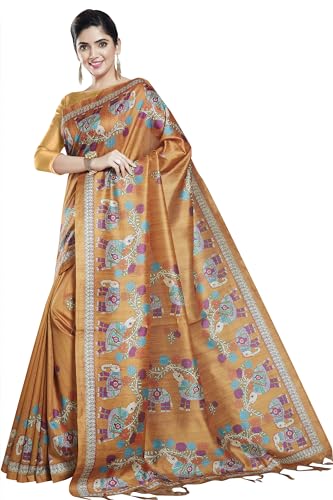 RANI SAAHIBA Women's Printed Art Tussar Silk Madhubani Saree With Blouse Piece (SKR11580_Rust)