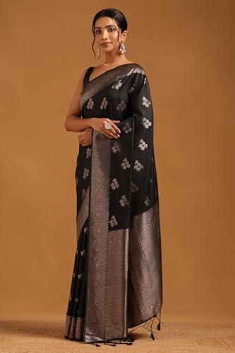 Soch Womens Black Viscose Silk Floral Saree With Zari Work