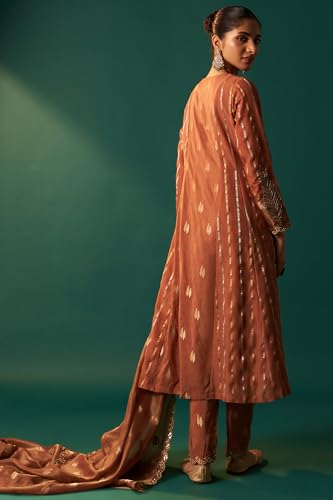 Wishful Women's Copper Brown Metallic Embroidered Flared Chanderi Kurta with Straight Pant and Dupatta Set (SP12566-314269-S)