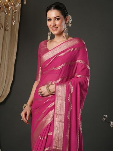 AKHILAM Women's Pink Pure Georgette Ethnic Motif Printed Saree With Unstitched Blouse Piece (KUSUM4001_NSM)