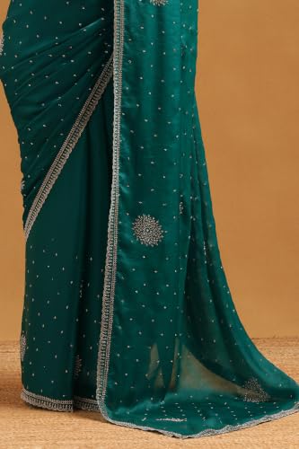 Soch Womens Teal Fendy Organza Stonework Embellished Saree