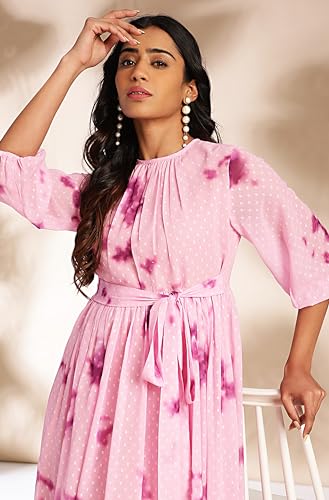 Janasya Women's Pink Dobby Georgette Tie-Dye Fit & Flare Dress(JNE4391-DR-M)