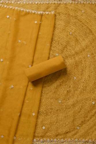 Soch Womens Mustard Organza Geometric Print Unstitch Dress Material With Zari